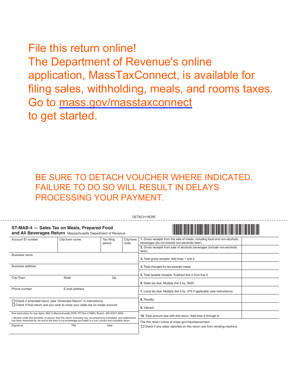 Form ST-MAB-4 Sales Tax on Meals, Prepared Food and All Beverages Return - Massachusetts, Page 1