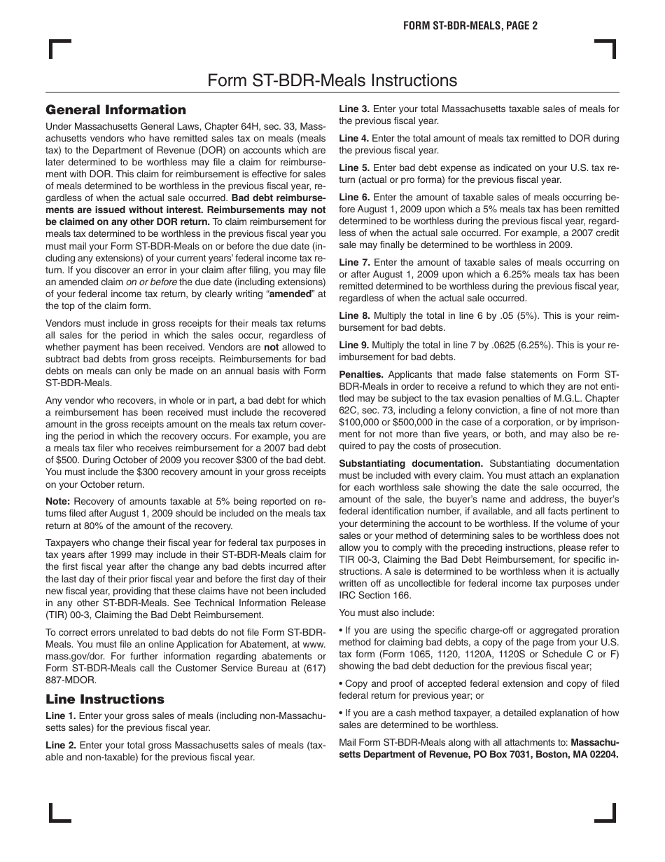 Form ST-BDR-MEALS Claim for Bad Debt Reimbursement - Massachusetts, Page 2