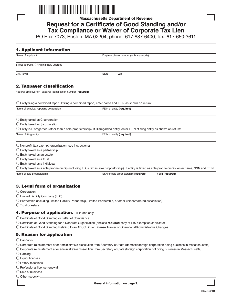 Request for a Certificate of Good Standing and / or Tax Compliance or Waiver of Corporate Tax Lien - Massachusetts, Page 1