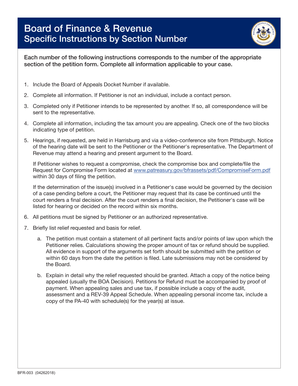 Form BFR-003 Petition Form - Pennsylvania, Page 2