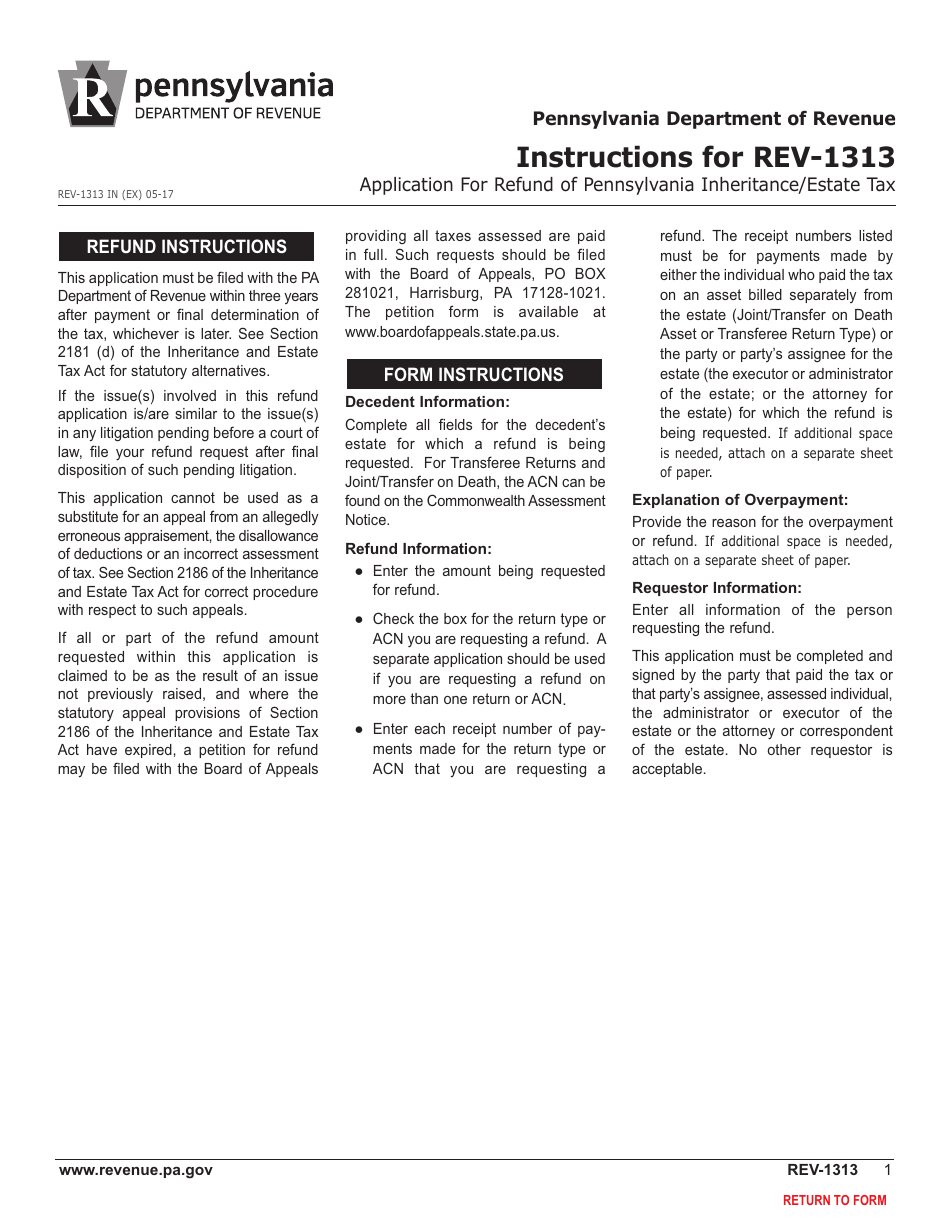 Form REV-1313 Application for Refund of Pennsylvania Inheritance / Estate Tax - Pennsylvania, Page 3