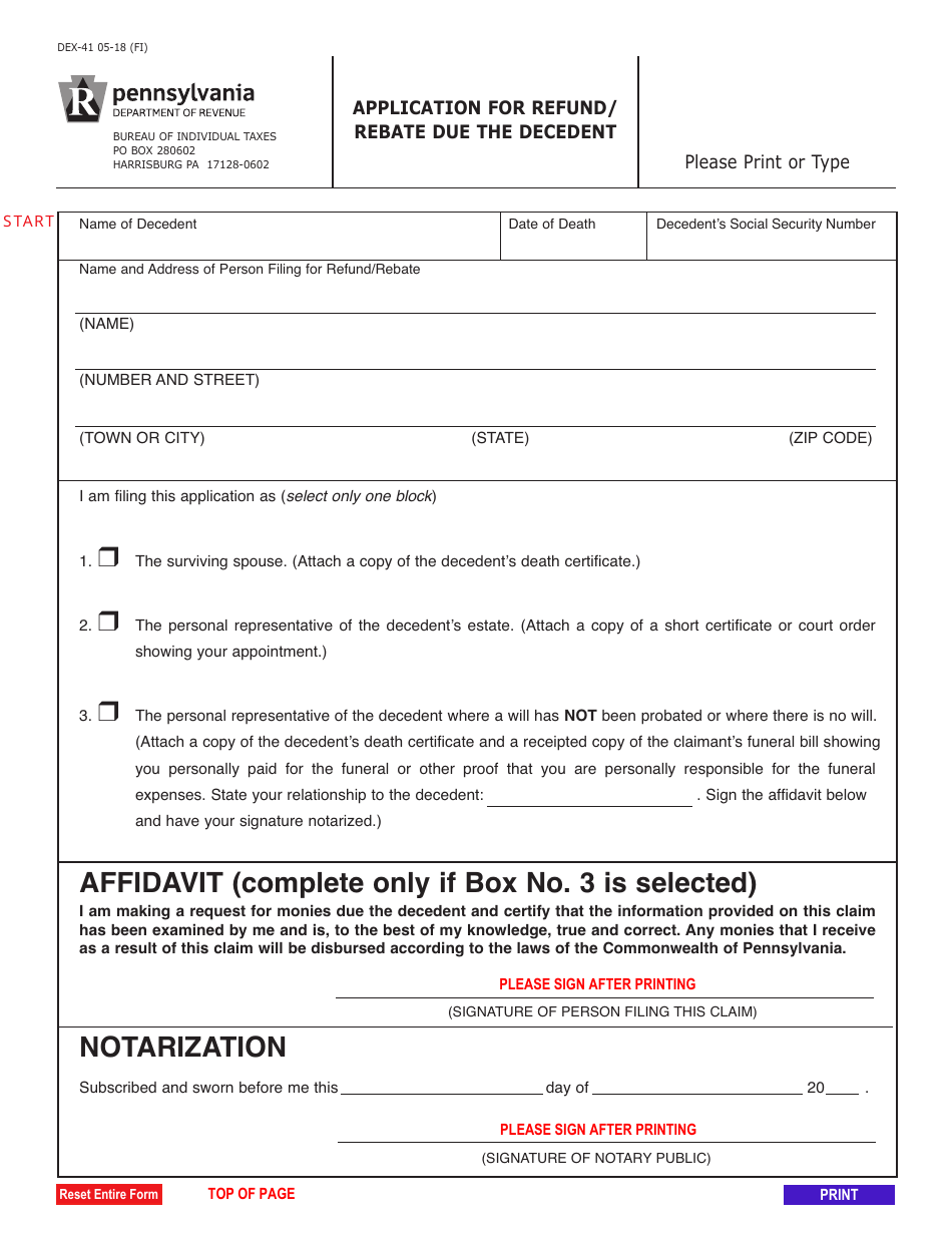Form DEX-41 Application for Refund / Rebate Due the Decedent - Pennsylvania, Page 1