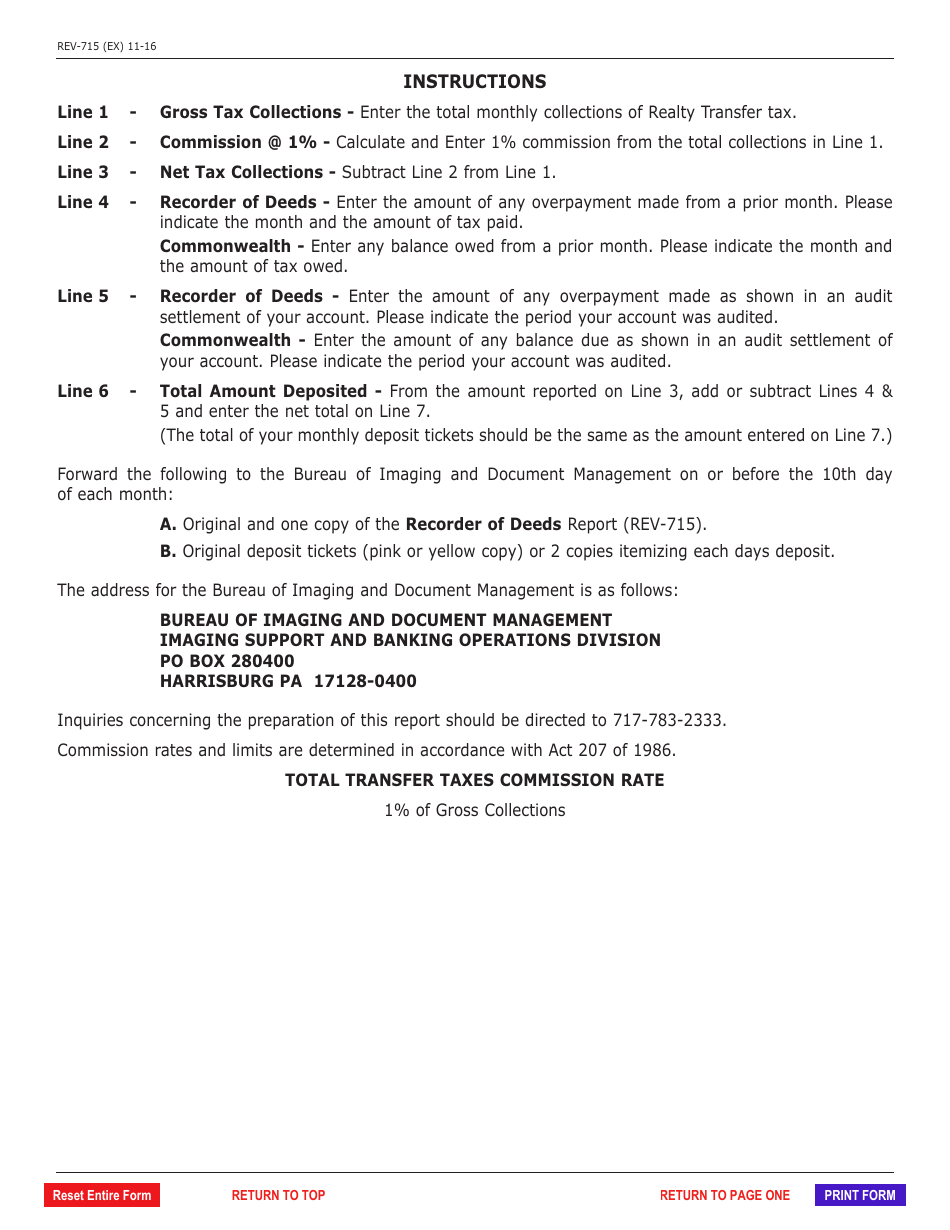 Form REV-715 Realty Transfer Tax Monthly Report - Pennsylvania, Page 2