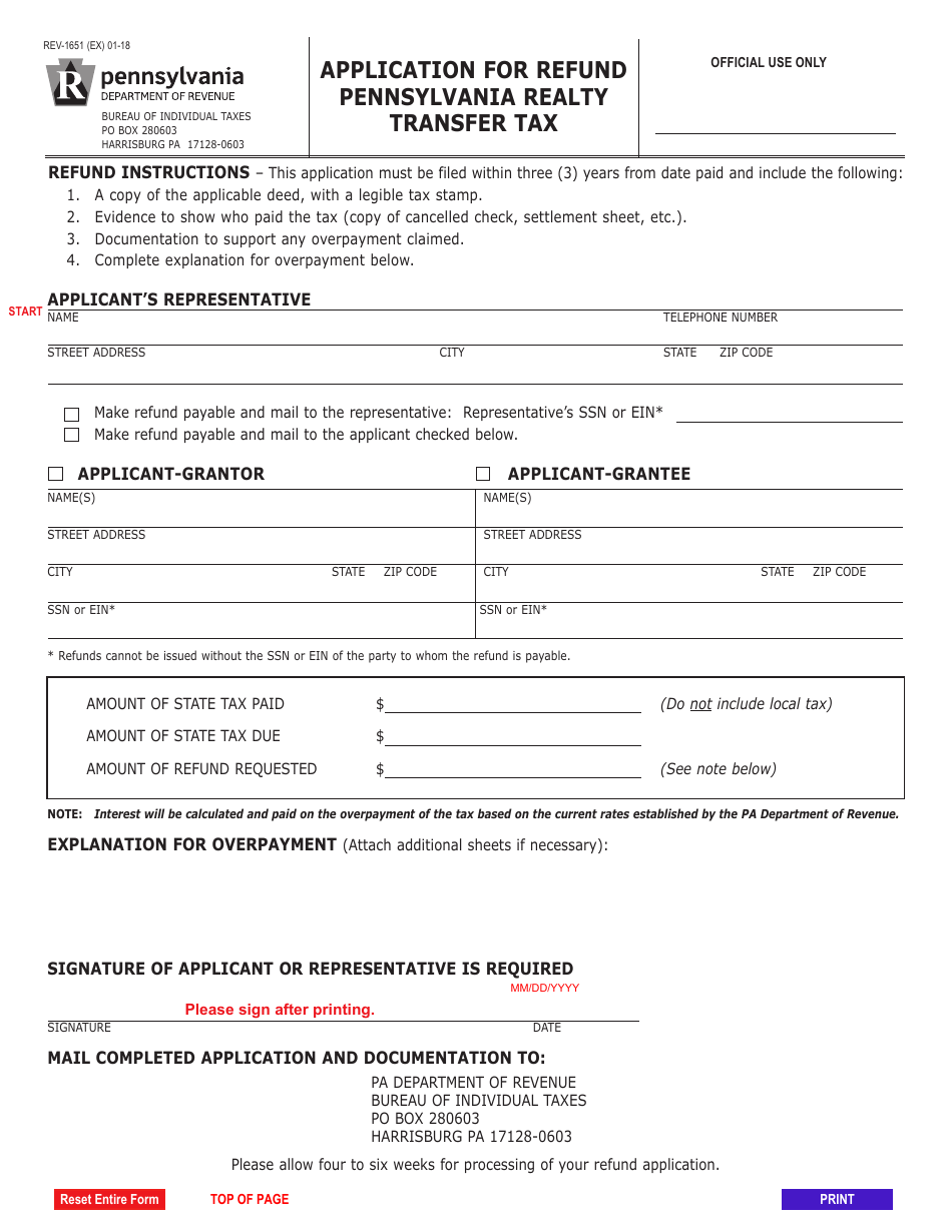 Form REV-1651 Application for Refund Pennsylvania Realty Transfer Tax - Pennsylvania, Page 1