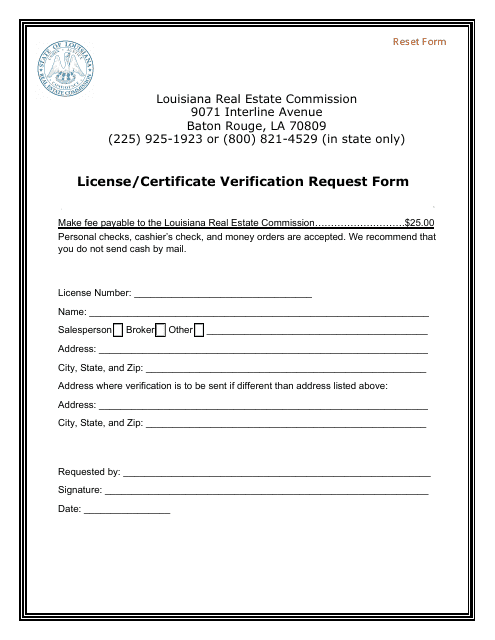 License/Certificate Verification Request Form - Louisiana