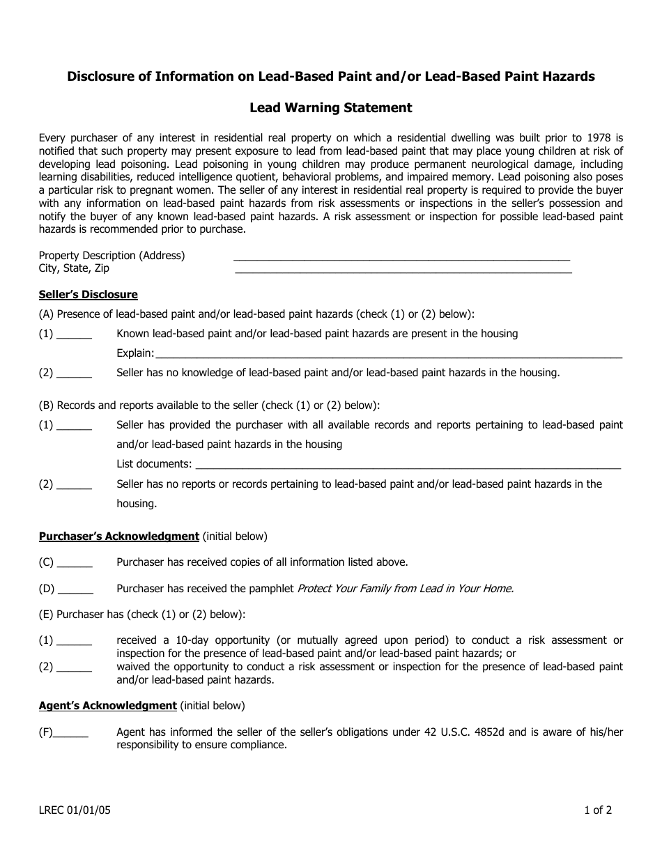 Disclosure of Information on Lead-Based Paint and / or Lead-Based Paint Hazards Lead Warning Statement - Louisiana, Page 1