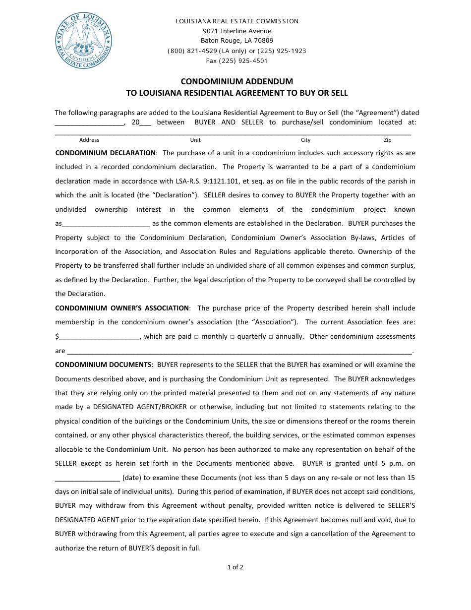 Louisiana Condominium Addendum to Louisiana Residential Agreement to Buy or Sell Fill Out