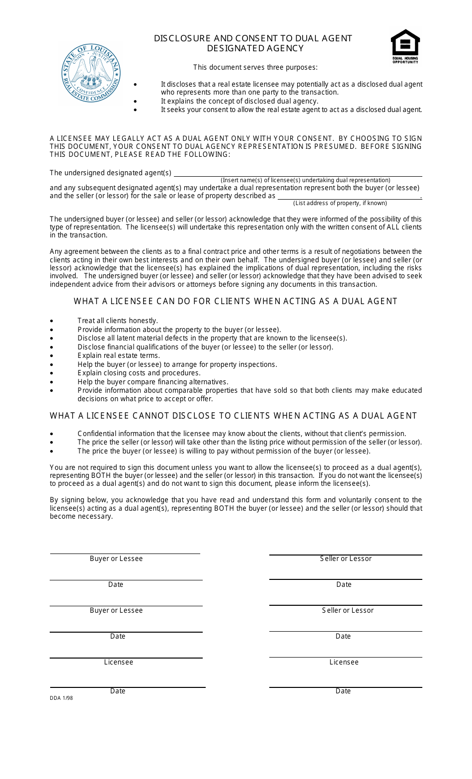 Louisiana Disclosure And Consent To Dual Agent Designated Agency Fill Out Sign Online And 7234