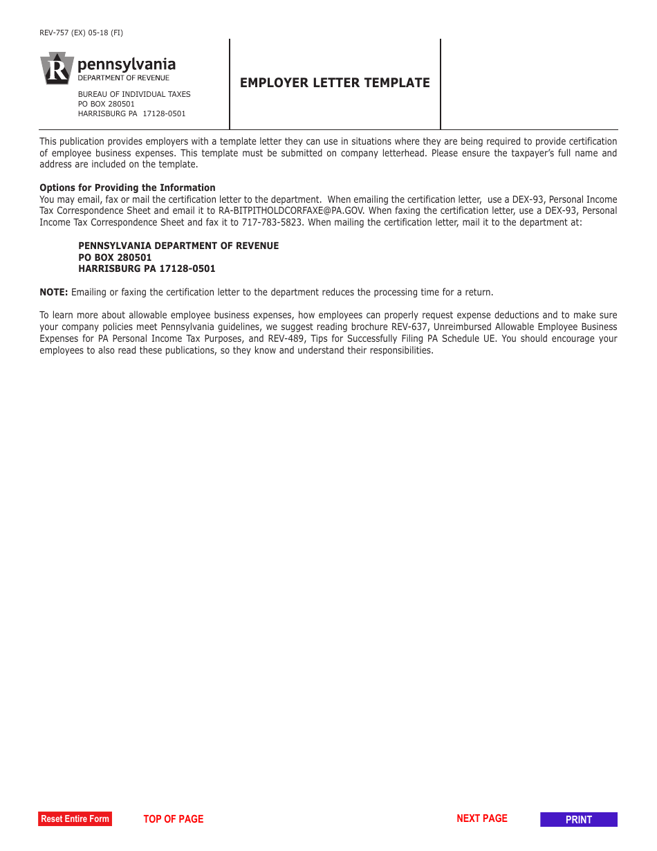 Form REV-757 Employer Letter Template - Pennsylvania, Page 1