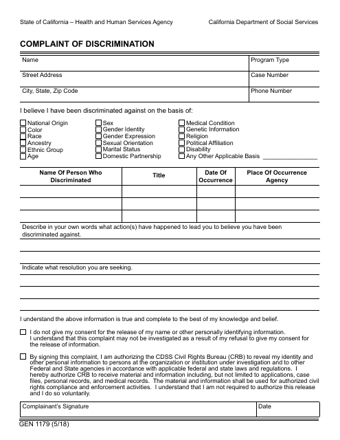 Form GEN1179 Complaint of Discrimination - California