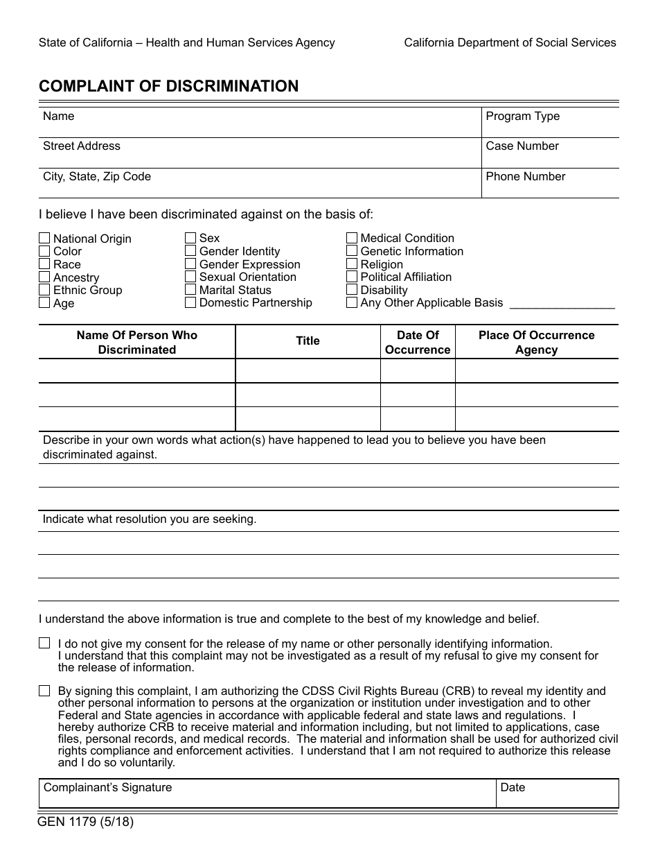 Form GEN1179 Complaint of Discrimination - California, Page 1