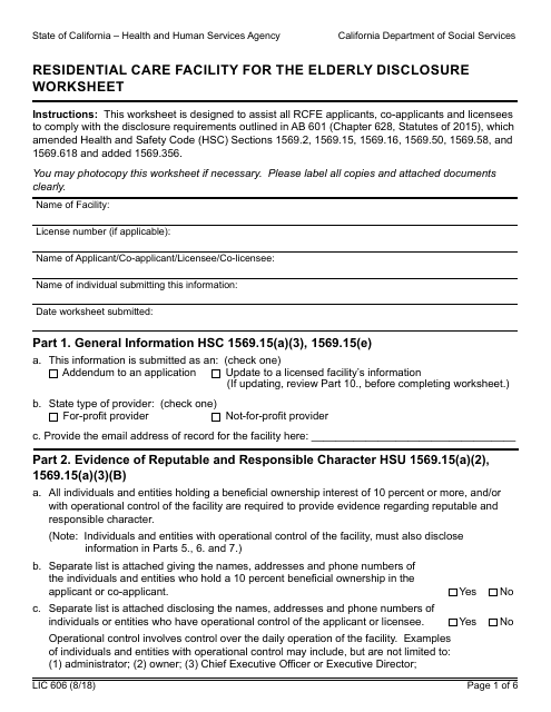 Form LIC606 Residential Care Facility for the Elderly Disclosure Worksheet - California