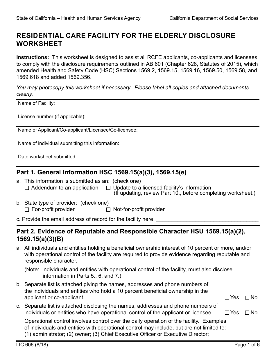 Form LIC606 Residential Care Facility for the Elderly Disclosure Worksheet - California, Page 1