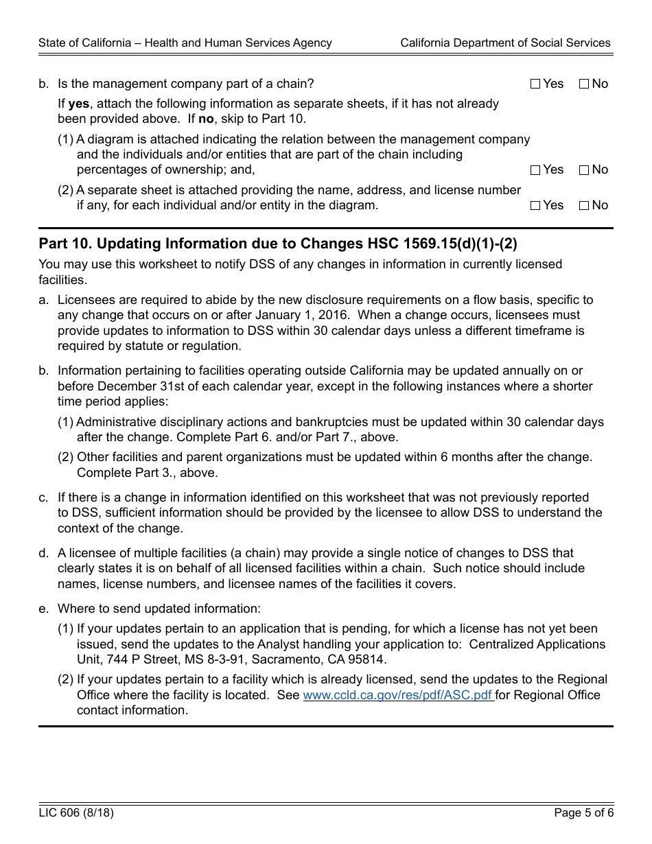 Form LIC606 Residential Care Facility for the Elderly Disclosure Worksheet - California, Page 5