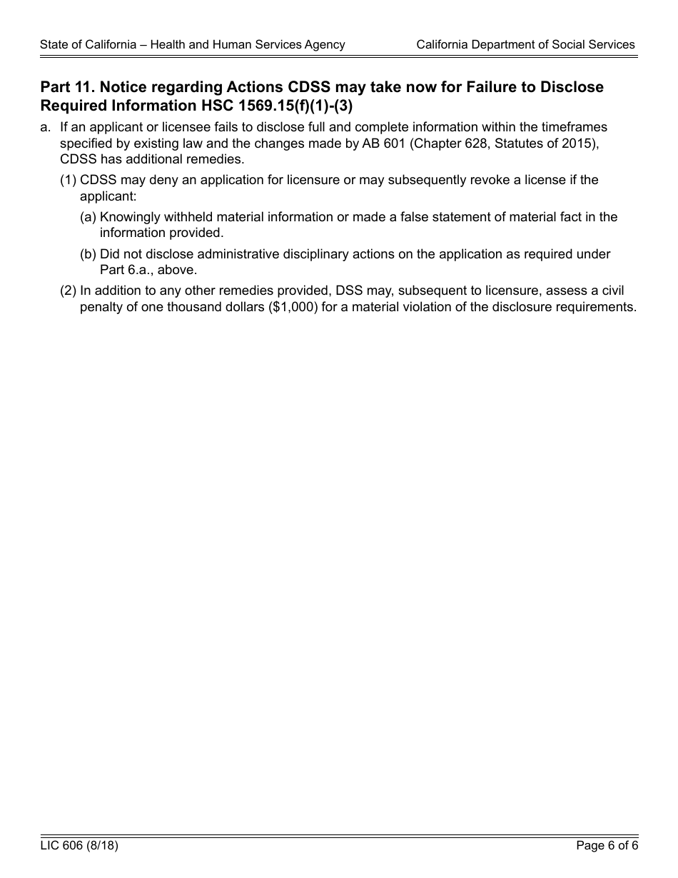 Form LIC606 Residential Care Facility for the Elderly Disclosure Worksheet - California, Page 6