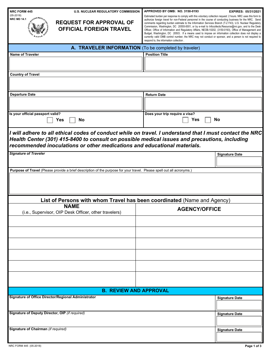 NRC Form 445 Request for Approval of Official Foreign Travel, Page 1