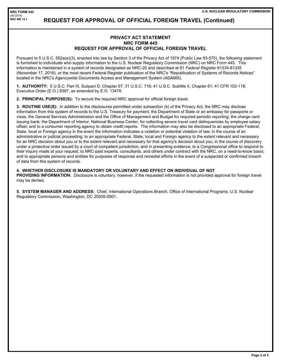 NRC Form 445 Request for Approval of Official Foreign Travel, Page 3