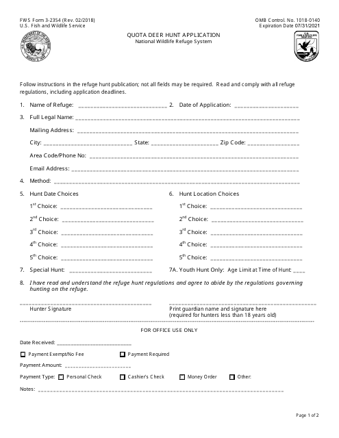FWS Form 3-2354 Quota Deer Hunt Application