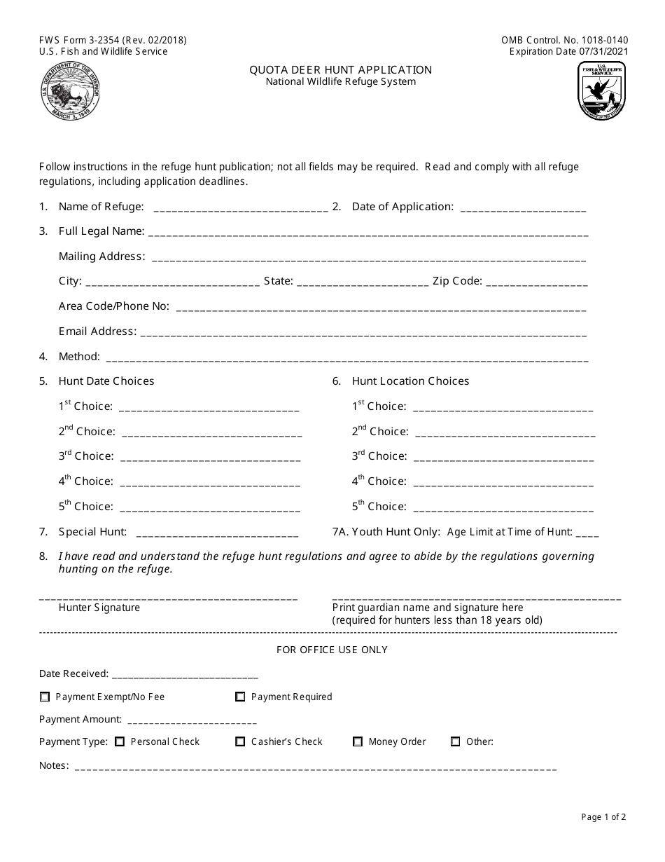 FWS Form 3-2354 Quota Deer Hunt Application, Page 1
