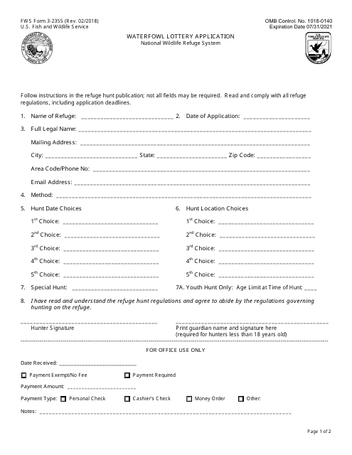 FWS Form 3-2355 Waterfowl Lottery Application