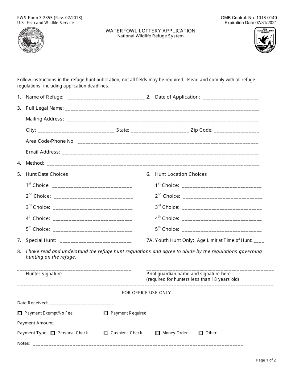 FWS Form 3-2355 Waterfowl Lottery Application, Page 1