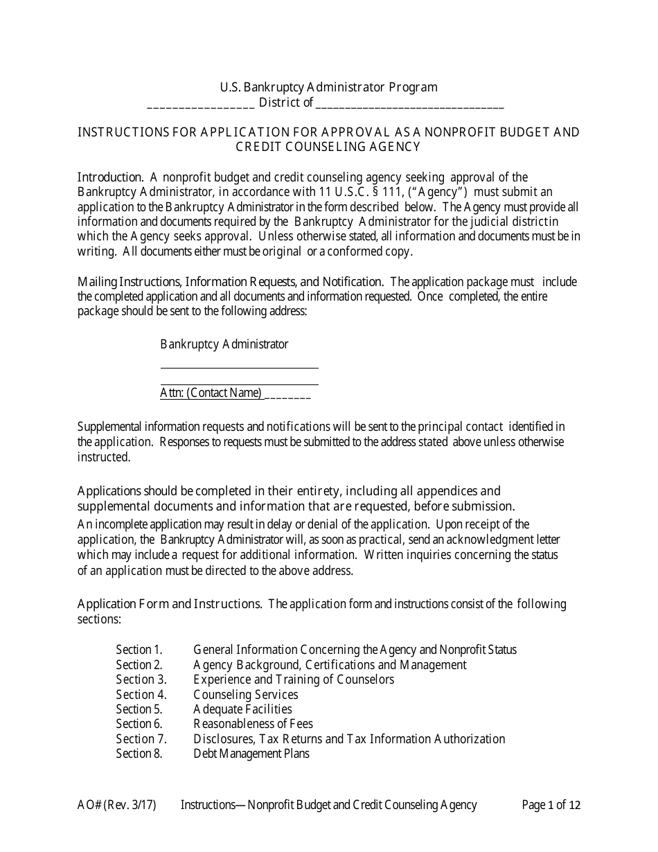 Instructions for Application for Approval as a Nonprofit Budget and Credit Counseling Agency, Page 1