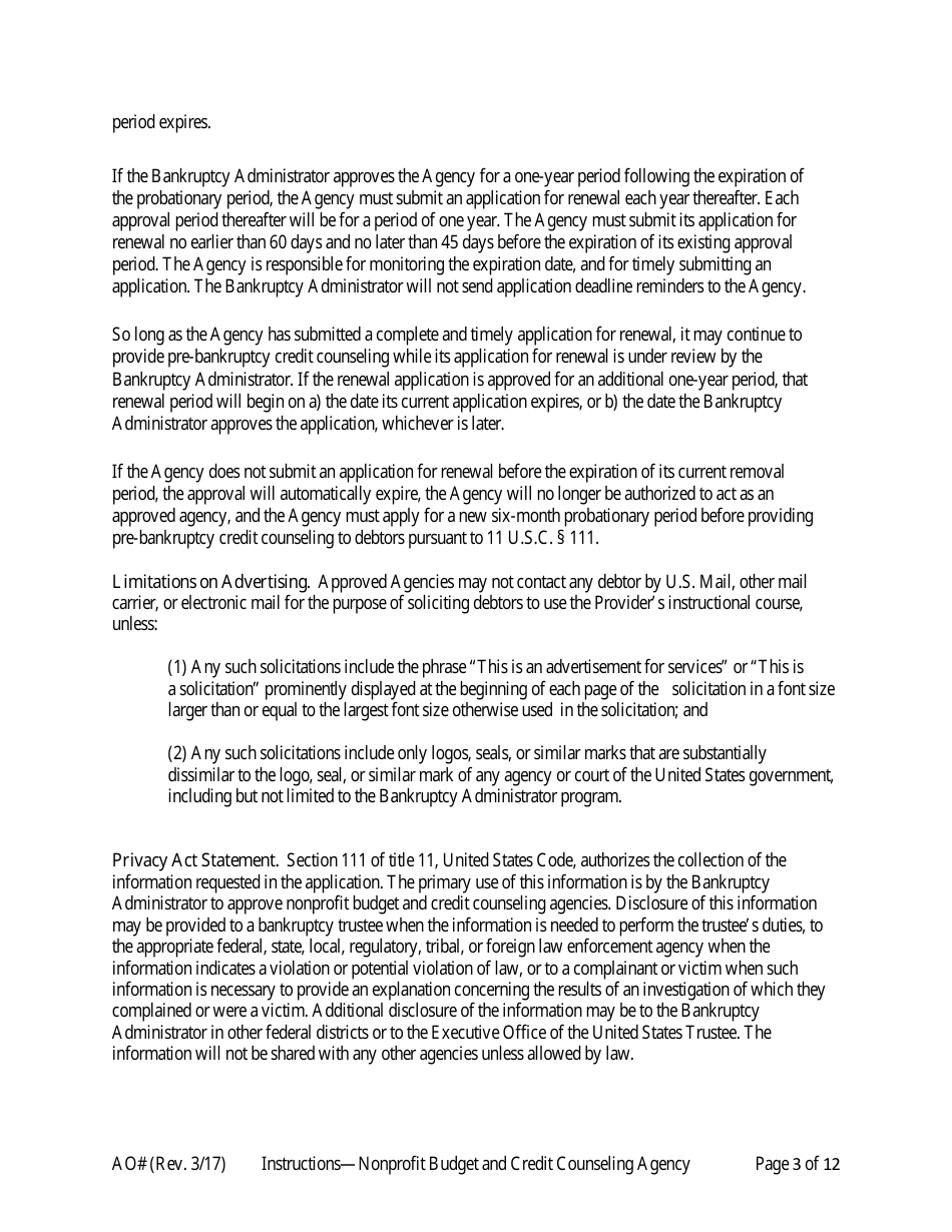 Instructions for Application for Approval as a Nonprofit Budget and Credit Counseling Agency, Page 3