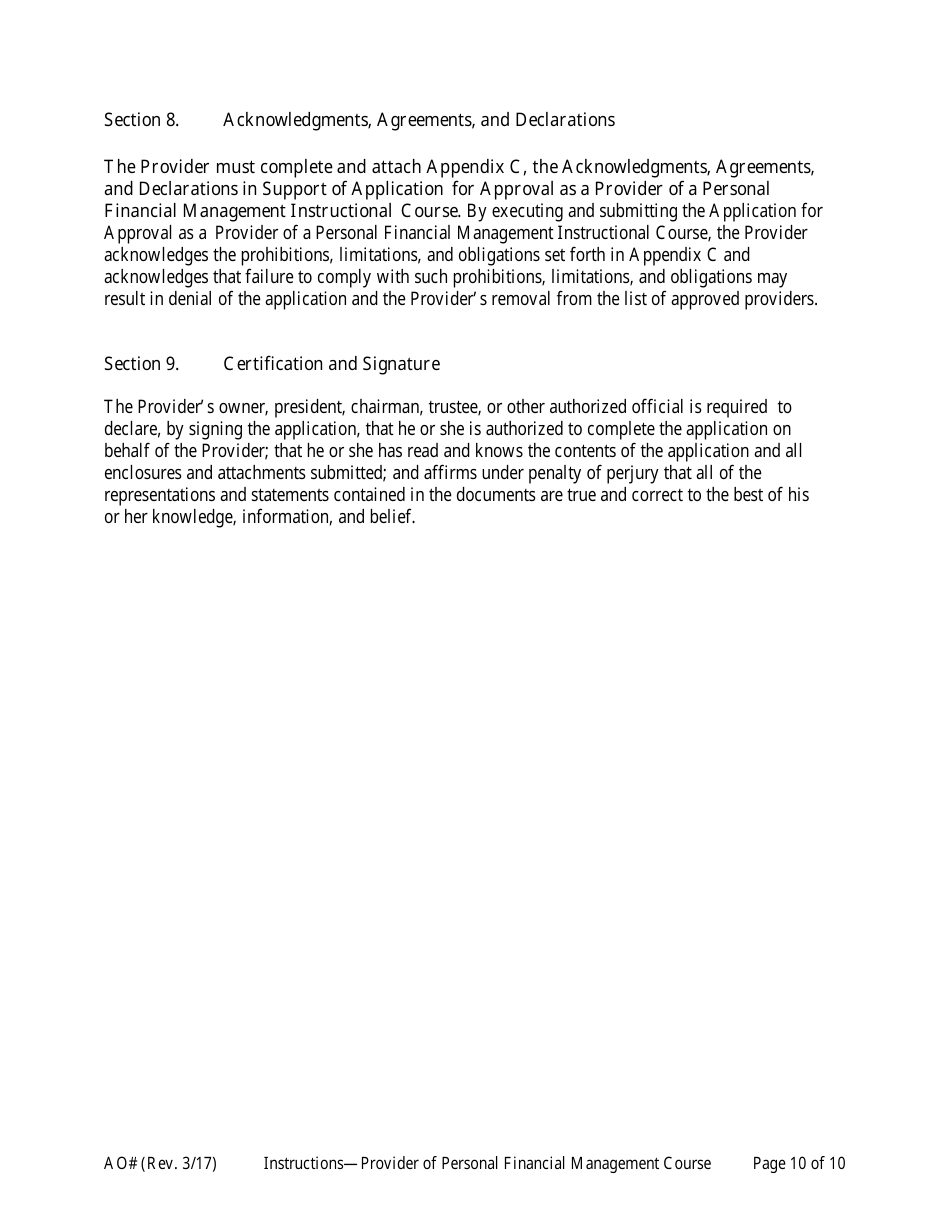 Instructions for Application for Approval as a Provider of a Personal Financial Management Instructional Course, Page 10