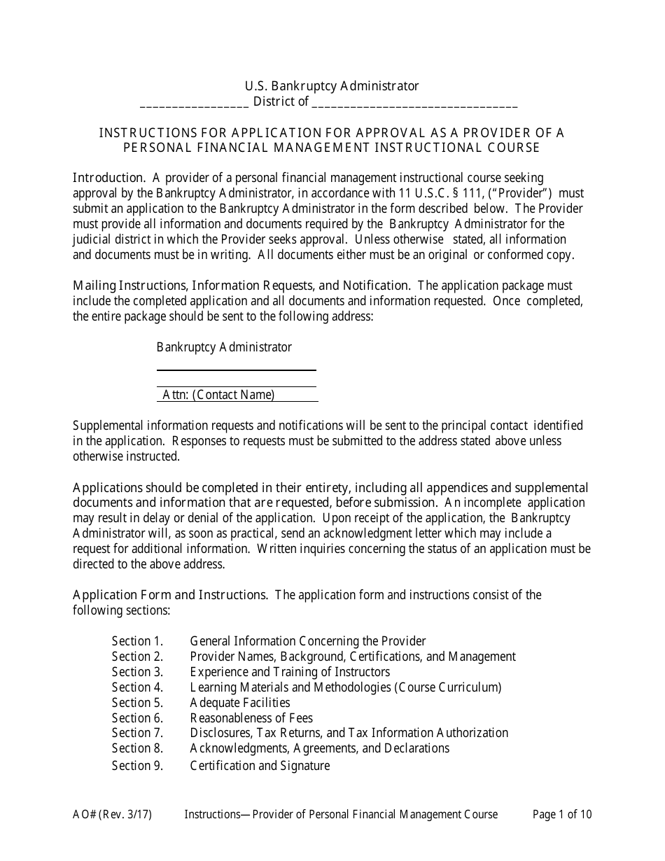 Instructions for Application for Approval as a Provider of a Personal Financial Management Instructional Course, Page 1