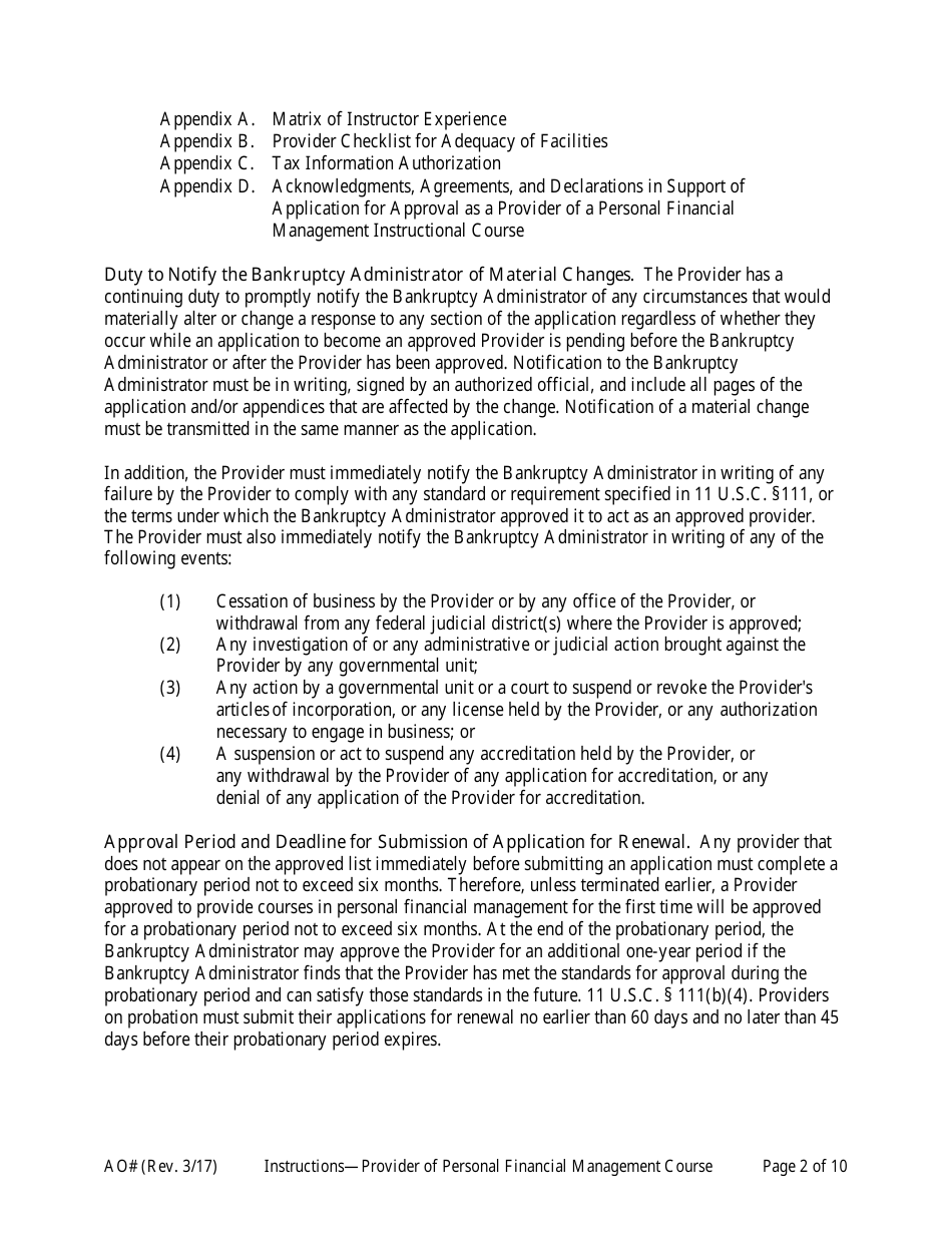 Instructions for Application for Approval as a Provider of a Personal Financial Management Instructional Course, Page 2