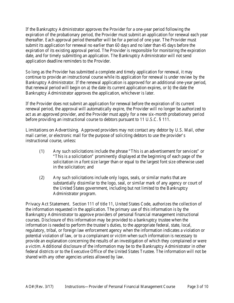 Instructions for Application for Approval as a Provider of a Personal Financial Management Instructional Course, Page 3