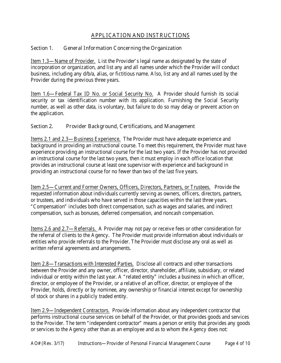 Instructions for Application for Approval as a Provider of a Personal Financial Management Instructional Course, Page 4