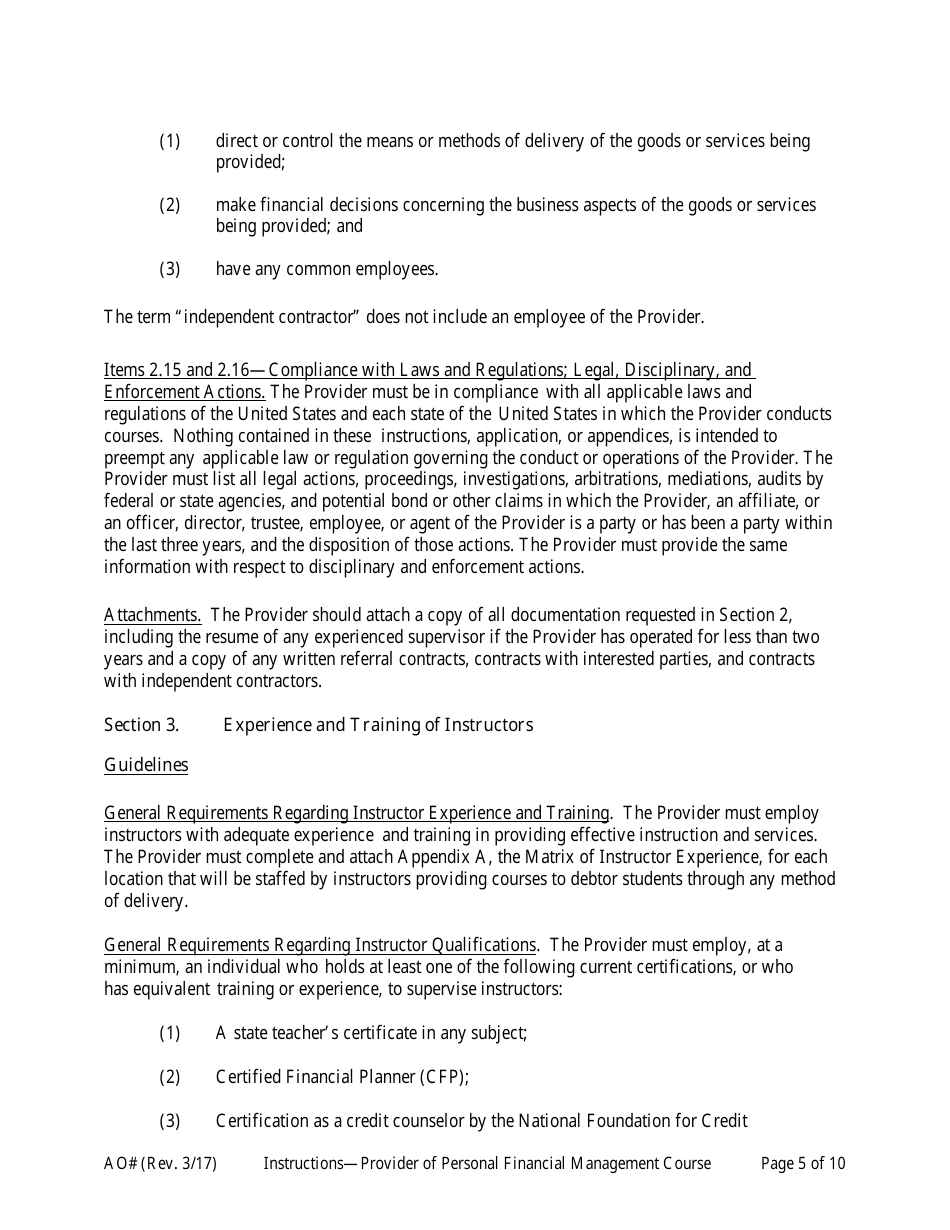 Instructions for Application for Approval as a Provider of a Personal Financial Management Instructional Course, Page 5