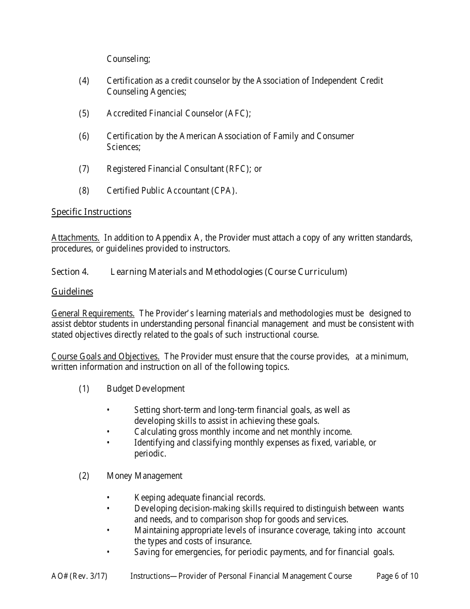 Instructions for Application for Approval as a Provider of a Personal Financial Management Instructional Course, Page 6