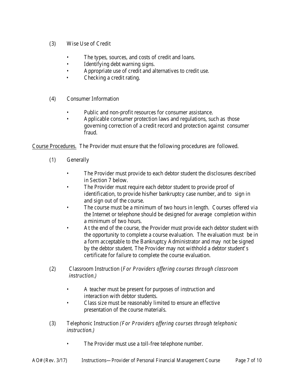 Instructions for Application for Approval as a Provider of a Personal Financial Management Instructional Course, Page 7