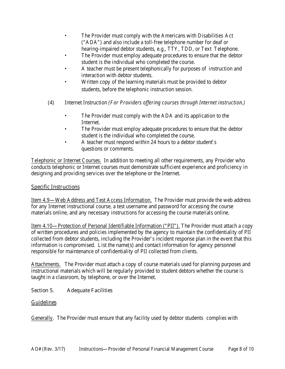 Instructions for Application for Approval as a Provider of a Personal Financial Management Instructional Course, Page 8