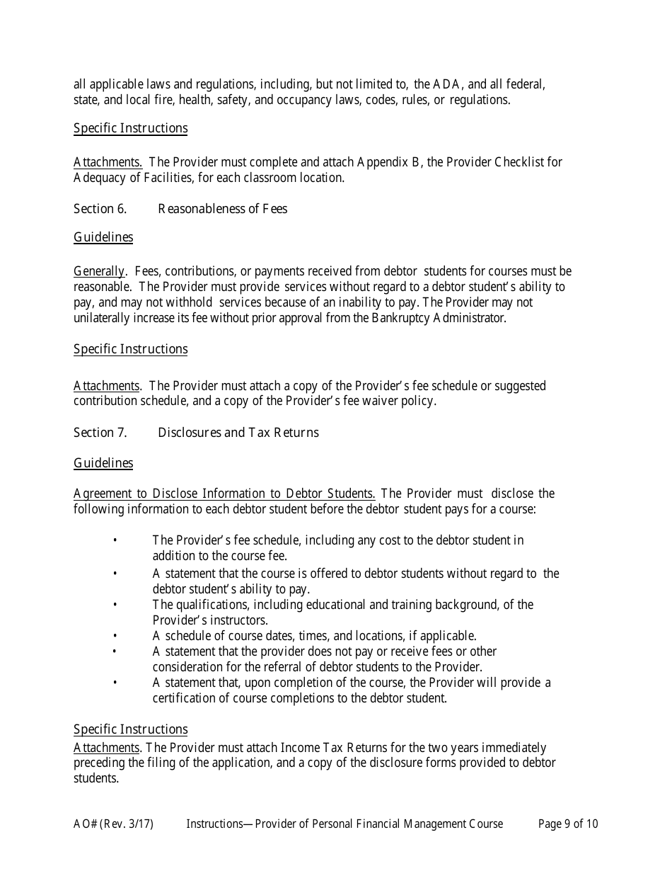 Instructions for Application for Approval as a Provider of a Personal Financial Management Instructional Course, Page 9