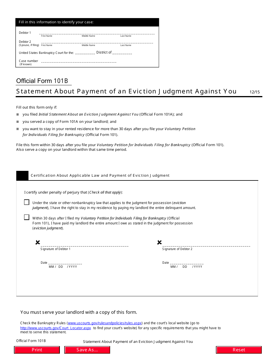 Official Form 101B Statement About Payment of an Eviction Judgment Against You, Page 1