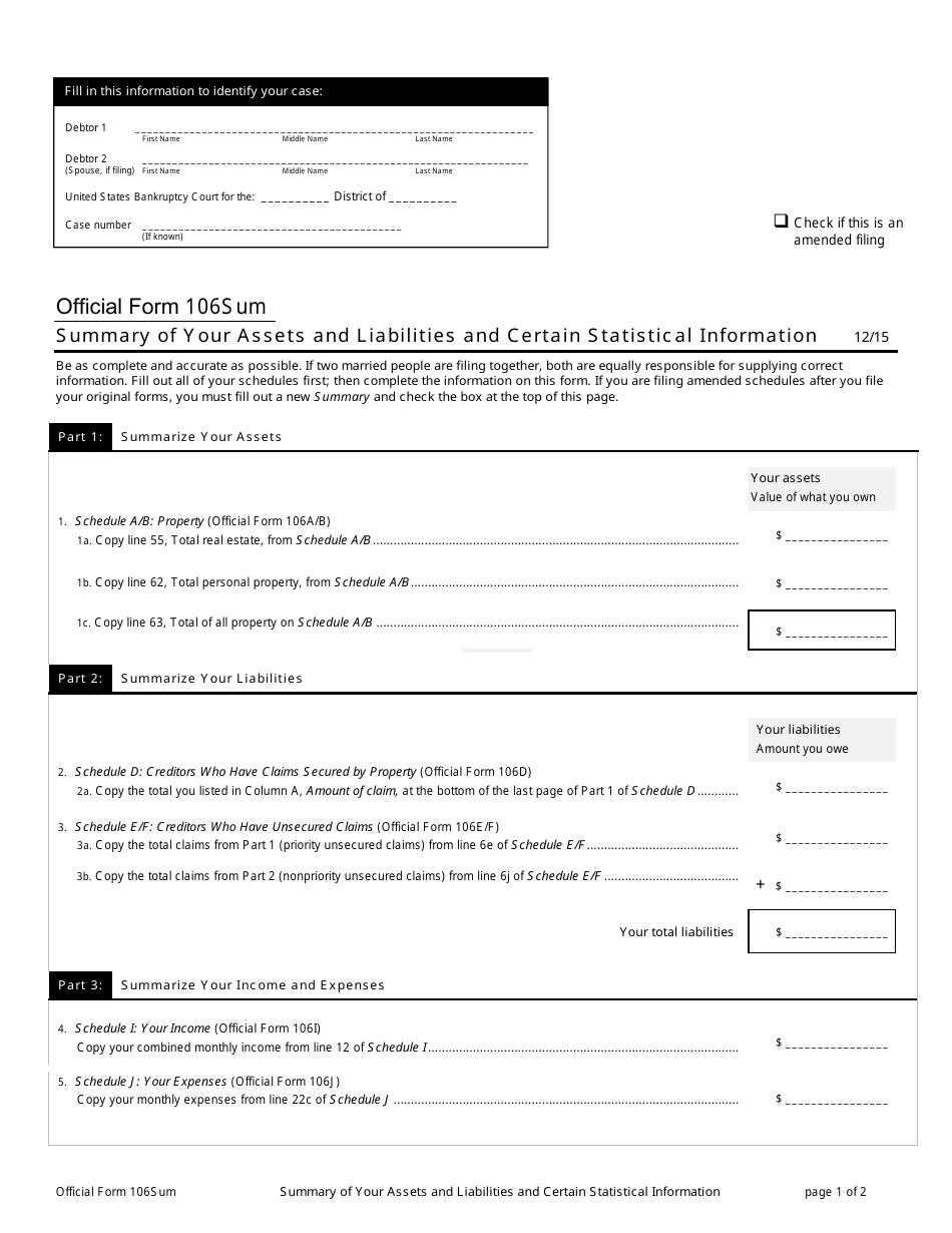 Official Form 106SUM Summary of Your Assets and Liabilities and Certain Statistical Information, Page 1