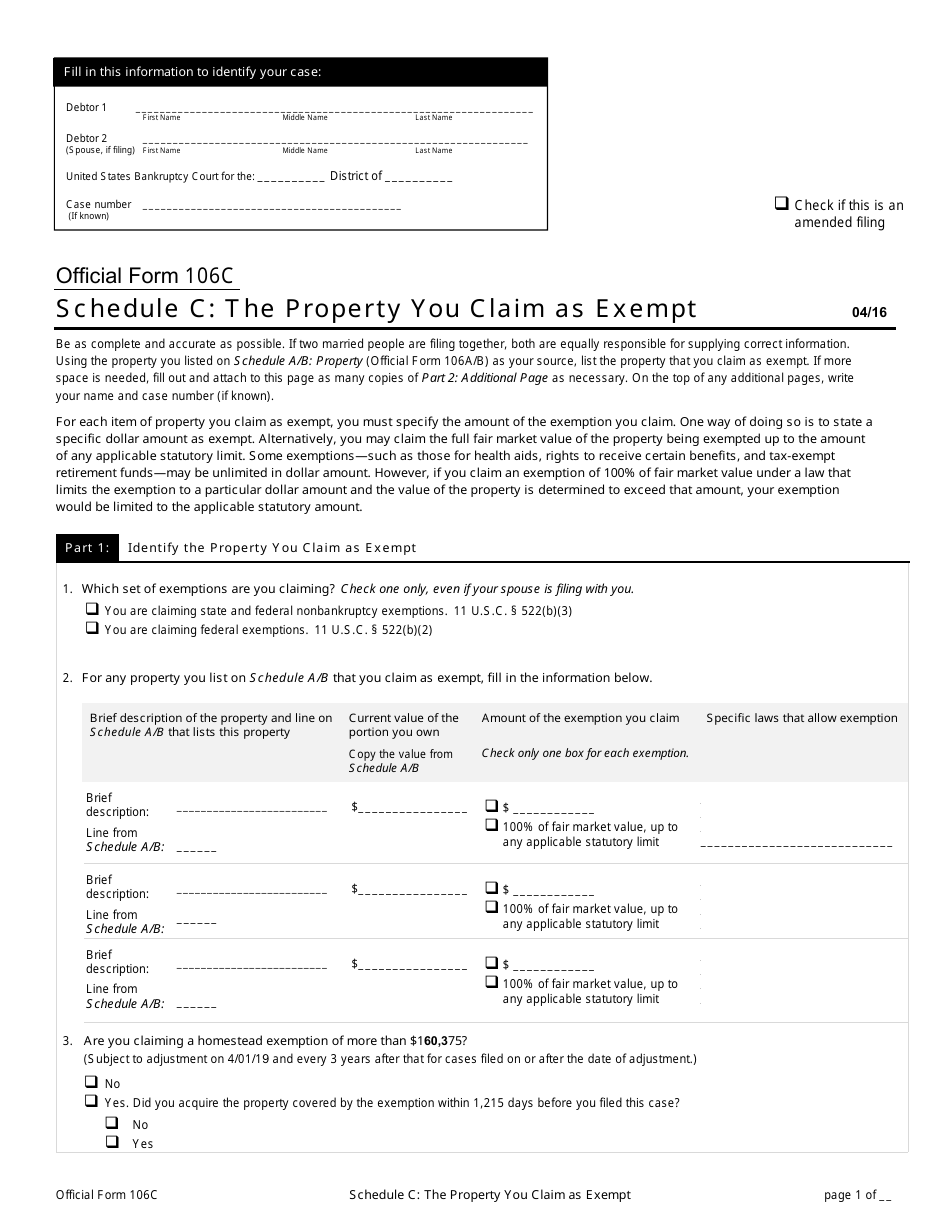 Official Form 106C Schedule C The Property You Claim as Exempt, Page 1