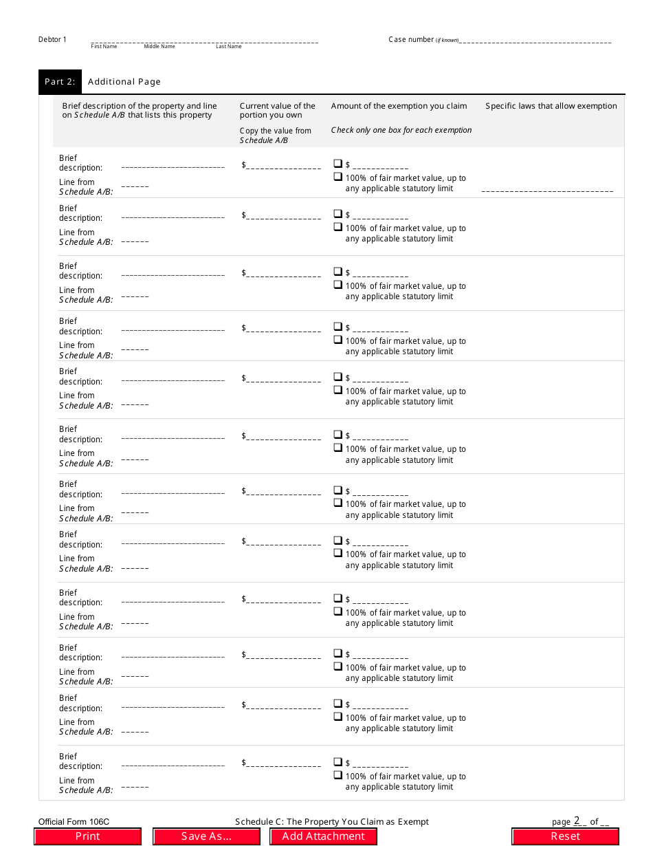 Official Form 106C Schedule C The Property You Claim as Exempt, Page 2