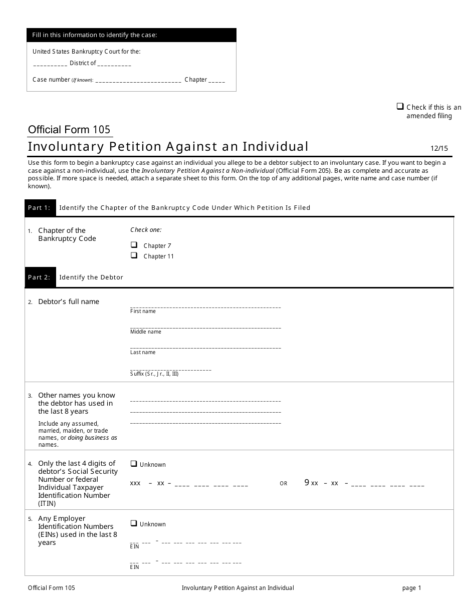 Official Form 105 Involuntary Petition Against an Individual, Page 1