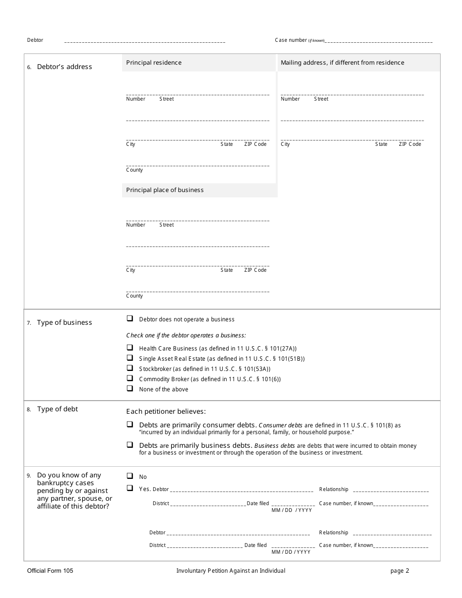 Official Form 105 Involuntary Petition Against an Individual, Page 2