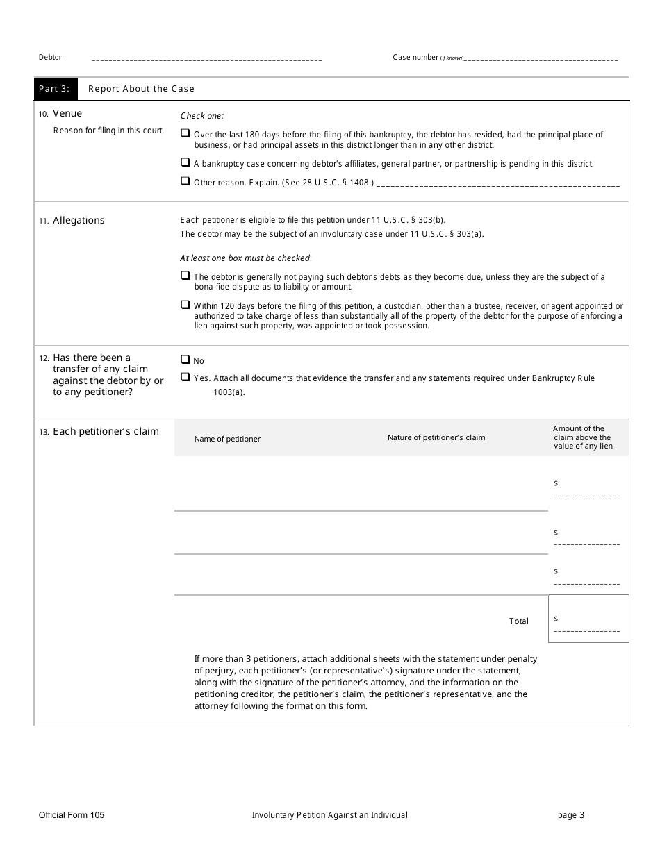 Official Form 105 Involuntary Petition Against an Individual, Page 3