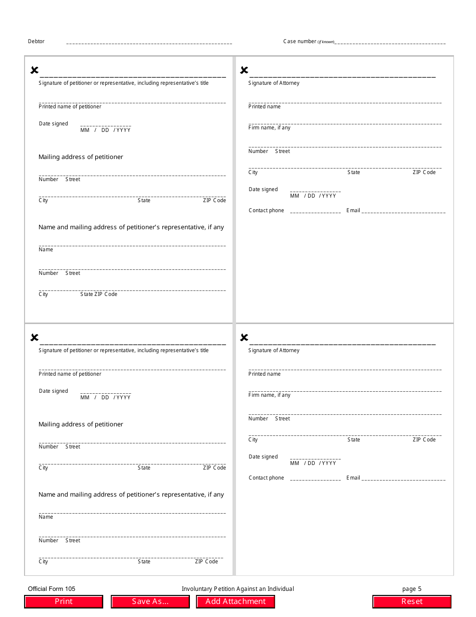 Official Form 105 Involuntary Petition Against an Individual, Page 5