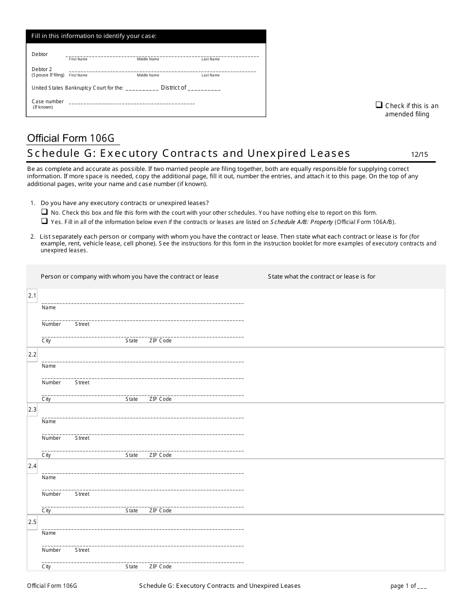 Official Form 106G Schedule G Executory Contracts and Unexpired Leases, Page 1