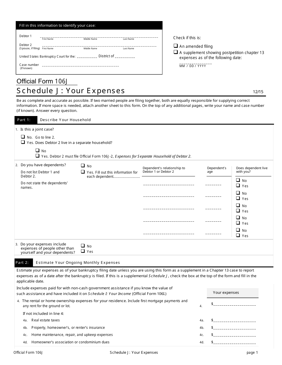 Official Form 106J Schedule J Your Expenses, Page 1