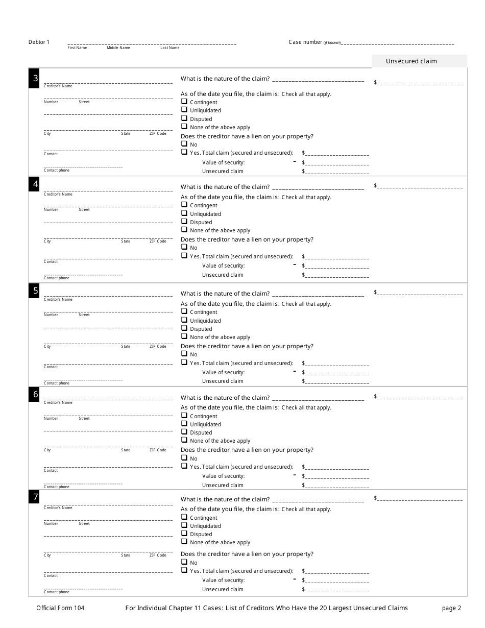 Official Form 104 For Individual Chapter 11 Cases: List of Creditors Who Have the 20 Largest Unsecured Claims Against You and Are Not Insiders, Page 2