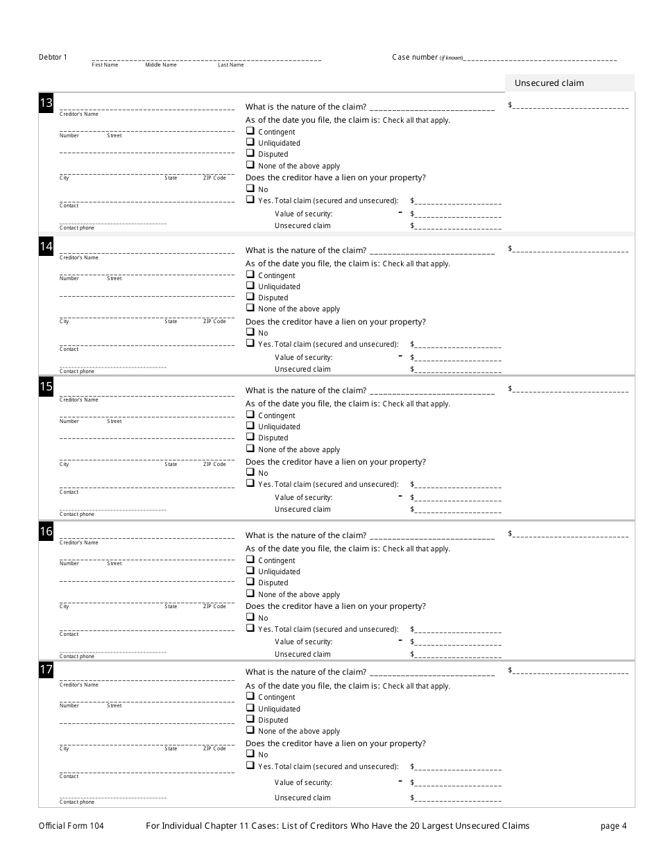 Official Form 104 For Individual Chapter 11 Cases: List of Creditors Who Have the 20 Largest Unsecured Claims Against You and Are Not Insiders, Page 4