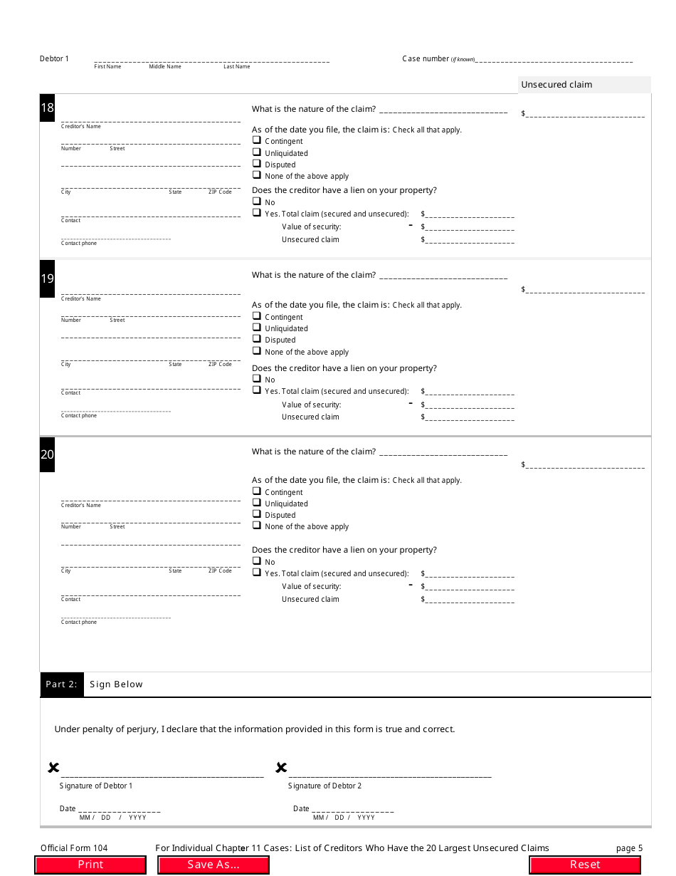 Official Form 104 For Individual Chapter 11 Cases: List of Creditors Who Have the 20 Largest Unsecured Claims Against You and Are Not Insiders, Page 5